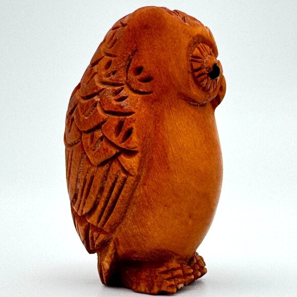 Ojime Bead Netsuke Owl Hand-Carved Boxwood Signed Figurine - Picture 7 of 9